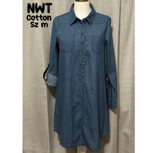 NWT Cotton Chambray PopOver Shirt Dress-Sz M-3/4 Sleeve Roll Up Option